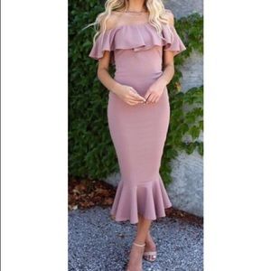 Off the shoulder, mauve, midi dress